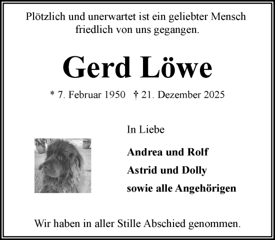 Traueranzeige von Gerd Löwe von Flensburger Tageblatt