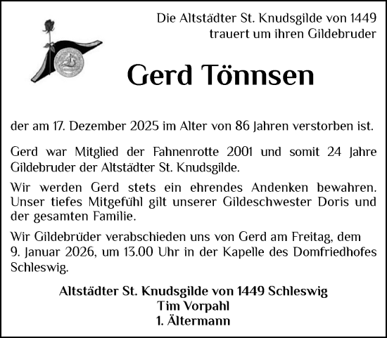 Traueranzeige von Gerd Tönnsen von Schleswiger Nachrichten, Schlei-Bote