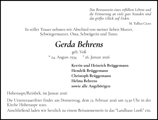Traueranzeige von Gerda Behrens von Norddeutsche Rundschau, Wilstersche Zeitung, Glückstädter Fortuna