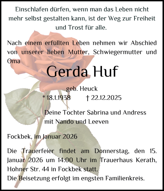 Traueranzeige von Gerda Huf von Schleswig-Holsteinische Landeszeitung