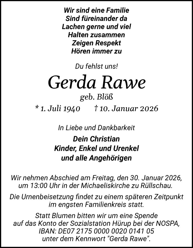  Traueranzeige für Gerda Rawe vom 24.01.2026 aus Flensburger Tageblatt