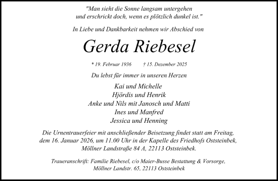 Traueranzeige von Gerda Riebesel von MARKT Glinde/Reinfeld
