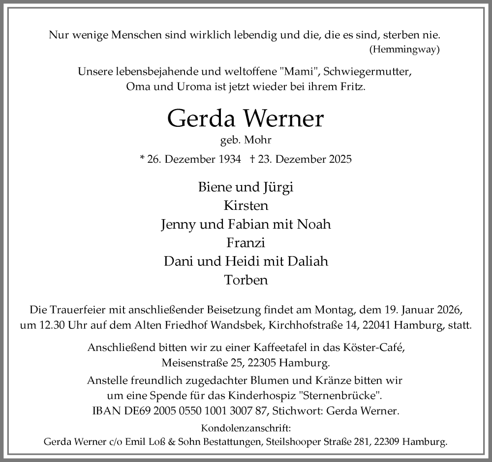  Traueranzeige für Gerda Werner vom 10.01.2026 aus Umschau