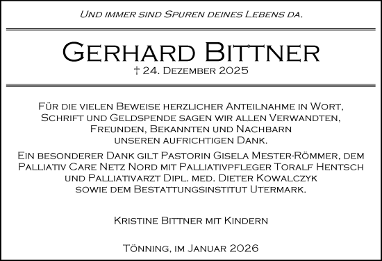 Traueranzeige von Gerhard Bittner von Husumer Nachrichten, Nordfriesland Tageblatt