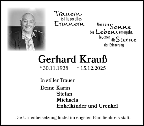Traueranzeige von Gerhard Krauß von MARKT Bad Oldesloe/Reinfeld und Stormarner Tageblatt
