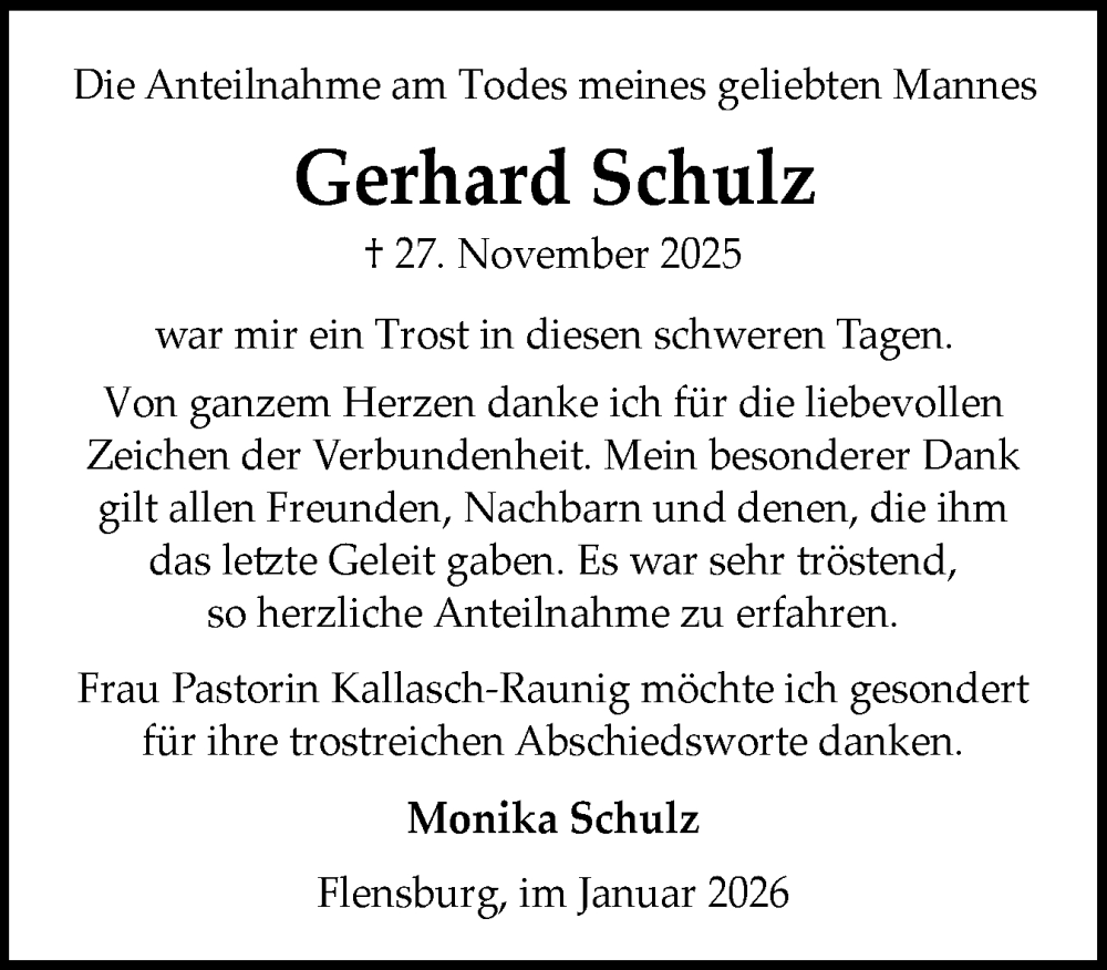  Traueranzeige für Gerhard Schulz vom 03.01.2026 aus Flensburger Tageblatt