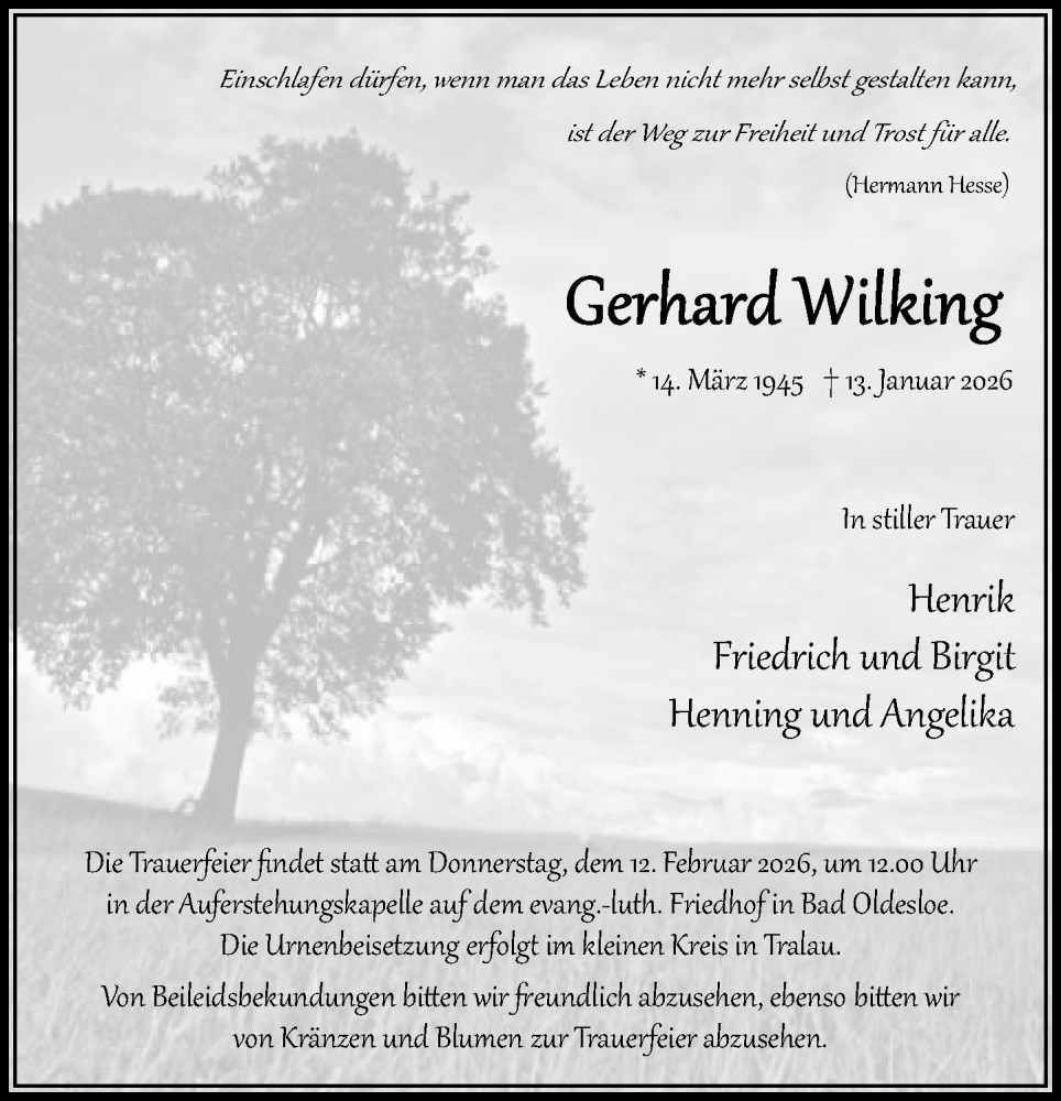  Traueranzeige für Gerhard Wilking vom 31.01.2026 aus MARKT Bad Oldesloe/Reinfeld und Stormarner Tageblatt