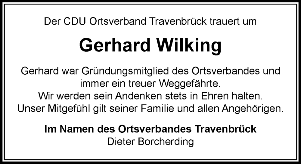  Traueranzeige für Gerhard Wilking vom 31.01.2026 aus MARKT Bad Oldesloe/Reinfeld und Stormarner Tageblatt