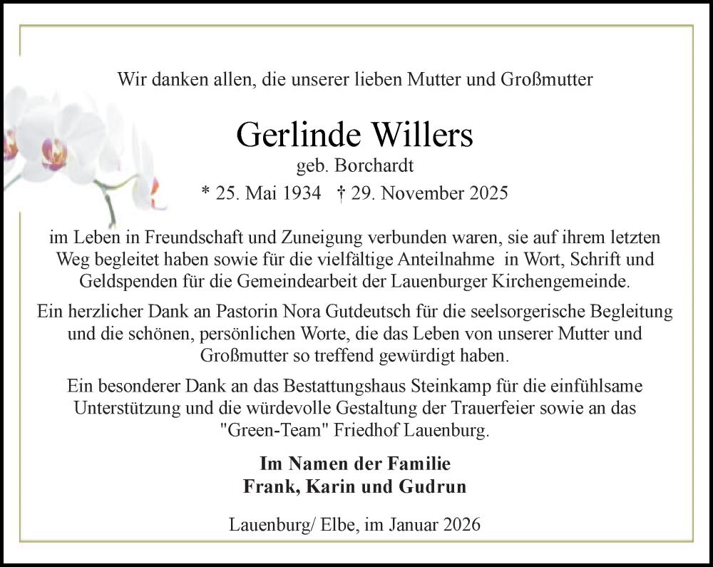 Traueranzeige für Gerlinde Willers vom 17.01.2026 aus Wochenend Anzeiger