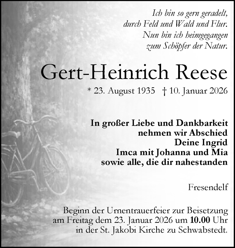  Traueranzeige für Gert-Heinrich Reese vom 17.01.2026 aus Husumer Nachrichten, Nordfriesland Tageblatt
