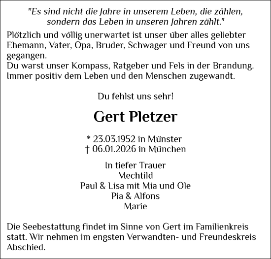 Traueranzeige von Gert Pletzer von Wedel-Schulauer Tageblatt, tip Wedel-Schulauer Tageblatt, tip Rissener Rundschau