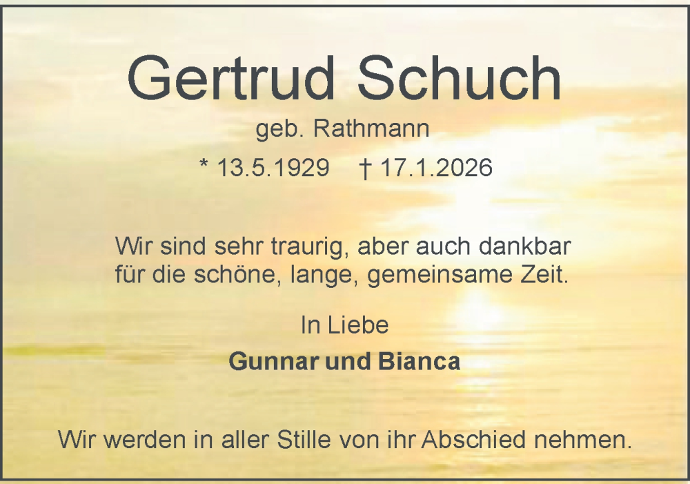  Traueranzeige für Gertrud Schuch vom 31.01.2026 aus Holsteinischer Courier