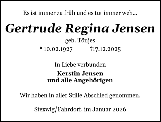 Traueranzeige von Gertrude Regina Jensen von Schleswiger Nachrichten, Schlei-Bote