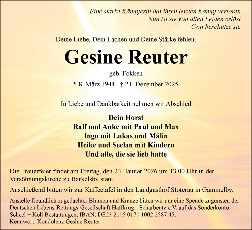  Traueranzeige für Gesine Reuter vom 17.01.2026 aus Eckernförder Zeitung, Hallo Eckernförde