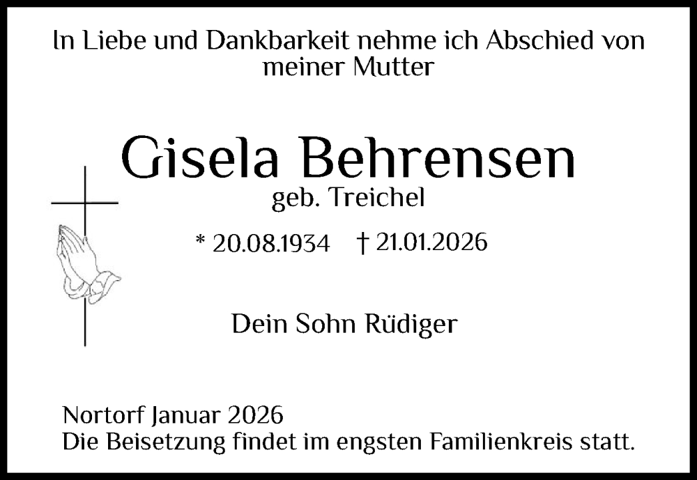  Traueranzeige für Gisela Behrensen vom 31.01.2026 aus Schleswig-Holsteinische Landeszeitung