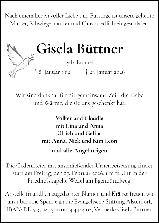 Traueranzeige von Gisela Büttner von Wedel-Schulauer Tageblatt, tip Wedel-Schulauer Tageblatt, tip Rissener Rundschau
