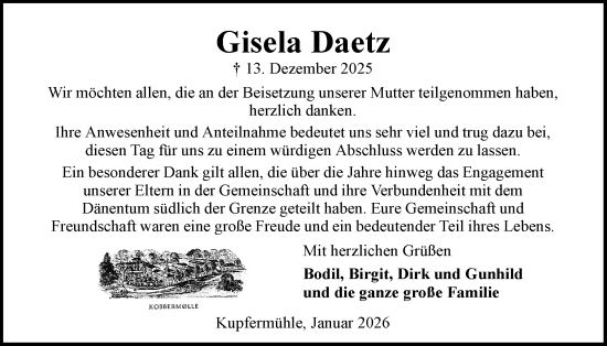 Traueranzeige von Gisela Daetz von Flensburger Tageblatt