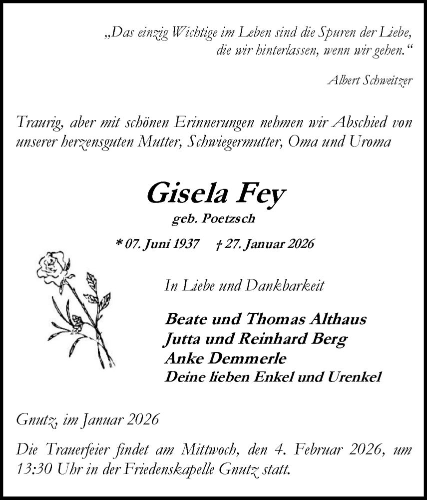  Traueranzeige für Gisela Fey vom 31.01.2026 aus Schleswig-Holsteinische Landeszeitung