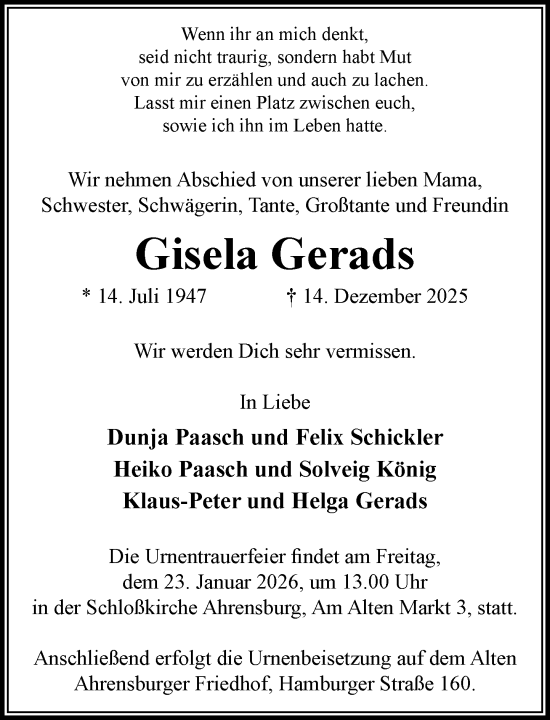 Traueranzeige von Gisela Gerads von MARKT Ahrensburg/Bargteheide/Trittau und Stormarner Tageblatt