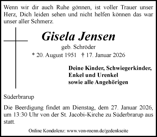 Traueranzeige von Gisela Jensen von Schleswiger Nachrichten, Schlei-Bote