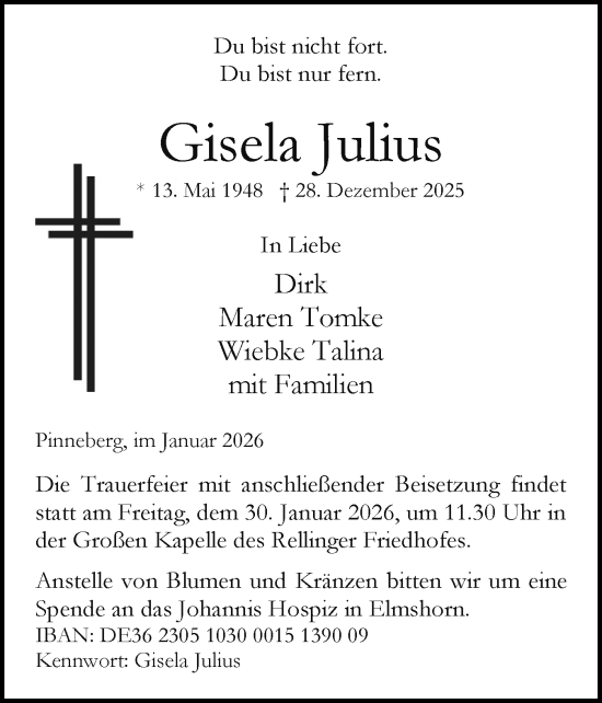Traueranzeige von Gisela Julius von Region Pinneberg und tip Pinneberg
