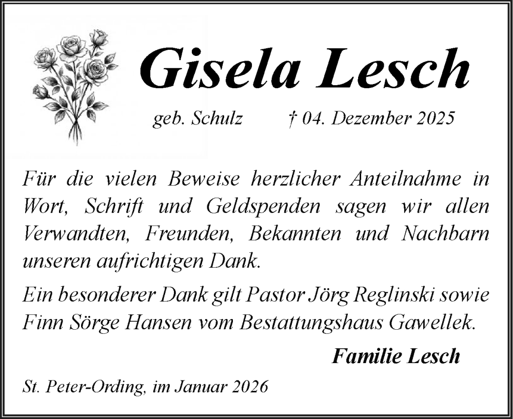  Traueranzeige für Gisela Lesch vom 10.01.2026 aus Husumer Nachrichten, Nordfriesland Tageblatt