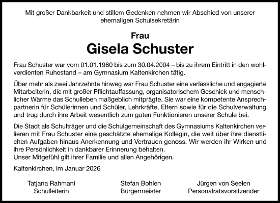 Traueranzeige für Gisela Schuster vom 31.01.2026