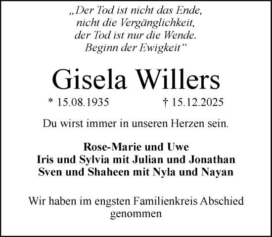 Traueranzeige von Gisela Willers von MARKT Ratzeburg/Mölln