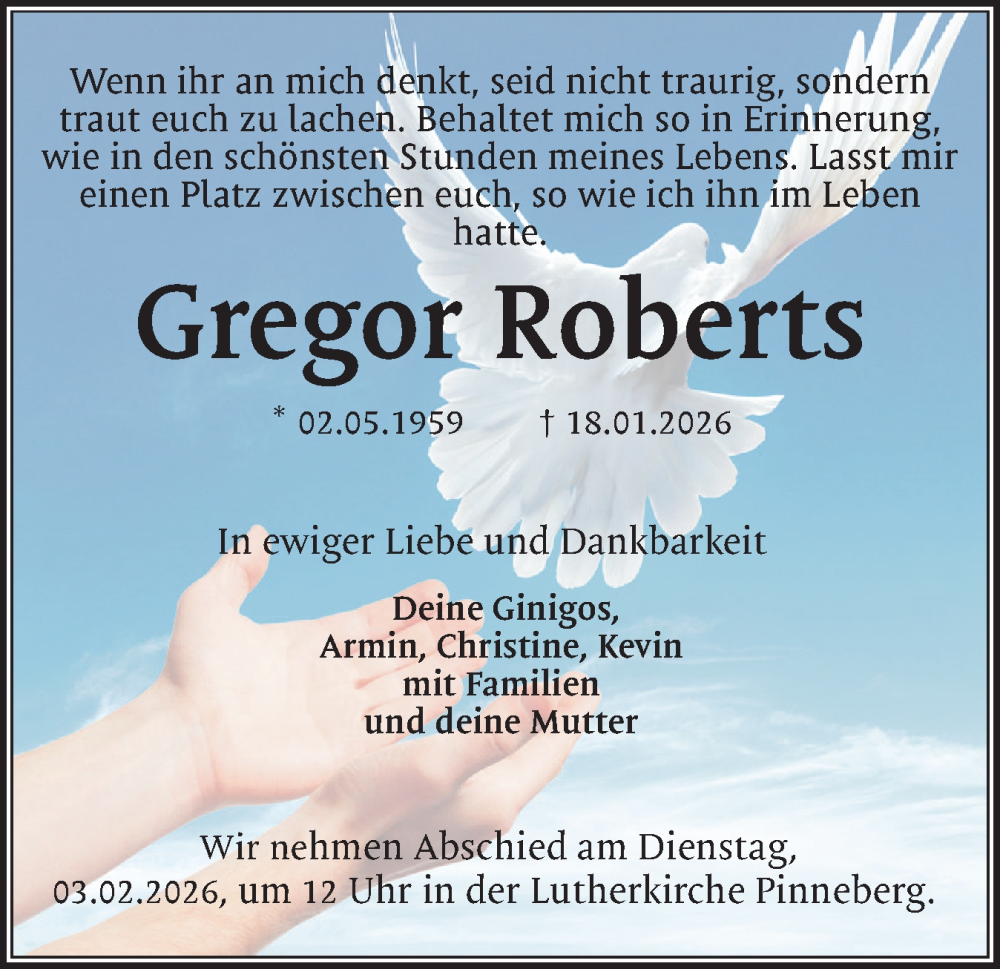  Traueranzeige für Gregor Roberts vom 31.01.2026 aus Region Pinneberg und tip Pinneberg