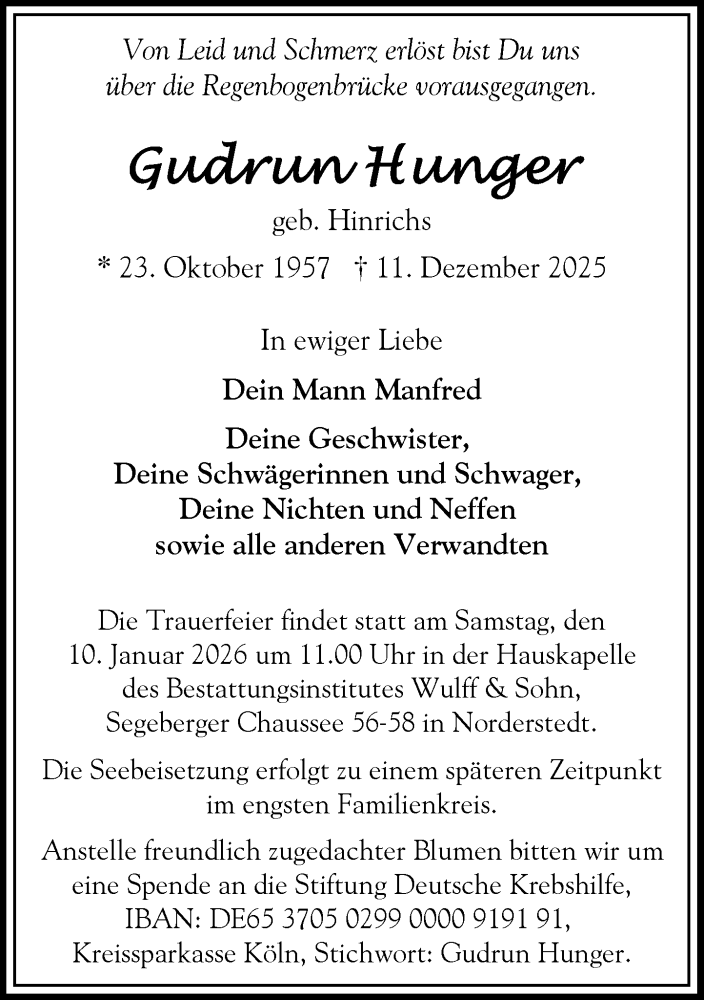  Traueranzeige für Gudrun Hunger vom 03.01.2026 aus Heimatspiegel