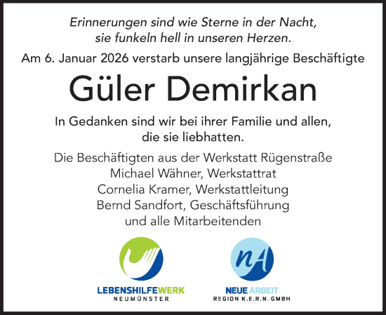 Traueranzeige von Güler Demirkan von Holsteinischer Courier