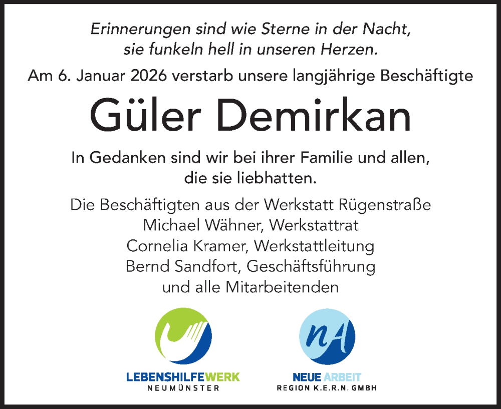  Traueranzeige für Güler Demirkan vom 17.01.2026 aus Holsteinischer Courier