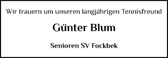 Traueranzeige von Günter Blum von Schleswig-Holsteinische Landeszeitung