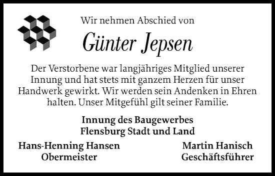 Traueranzeige von Günter Jepsen von Flensburger Tageblatt