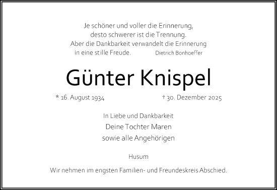Traueranzeige von Günter Knispel von Husumer Nachrichten, Nordfriesland Tageblatt