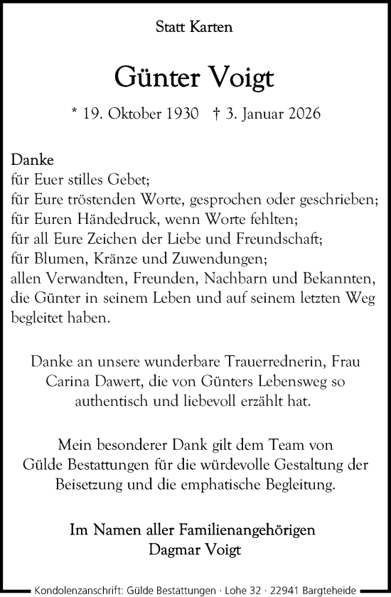 Traueranzeige von Günter Voigt von MARKT Ahrensburg/Bargteheide/Trittau und Stormarner Tageblatt