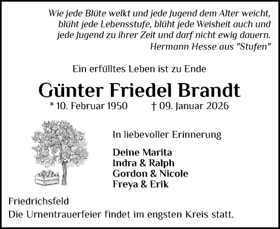Traueranzeige von Günter Friedel Brandt von Schleswiger Nachrichten, Schlei-Bote
