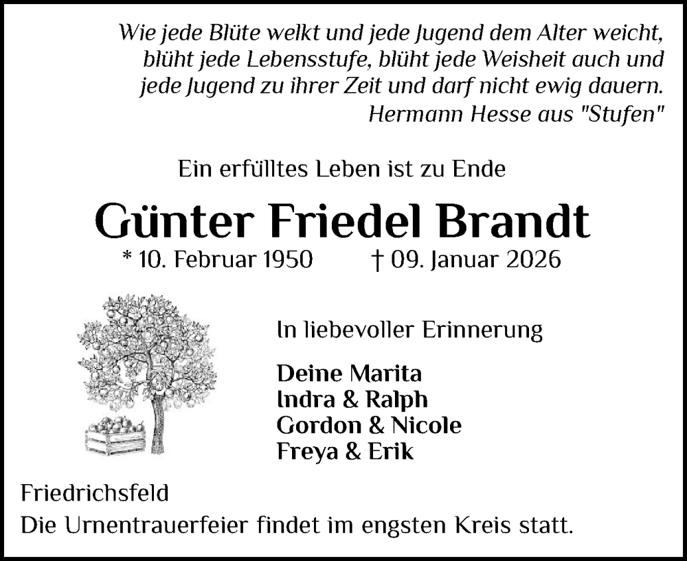  Traueranzeige für Günter Friedel Brandt vom 24.01.2026 aus Schleswiger Nachrichten, Schlei-Bote