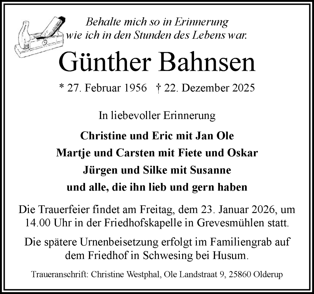  Traueranzeige für Günther Bahnsen vom 10.01.2026 aus Husumer Nachrichten, Nordfriesland Tageblatt