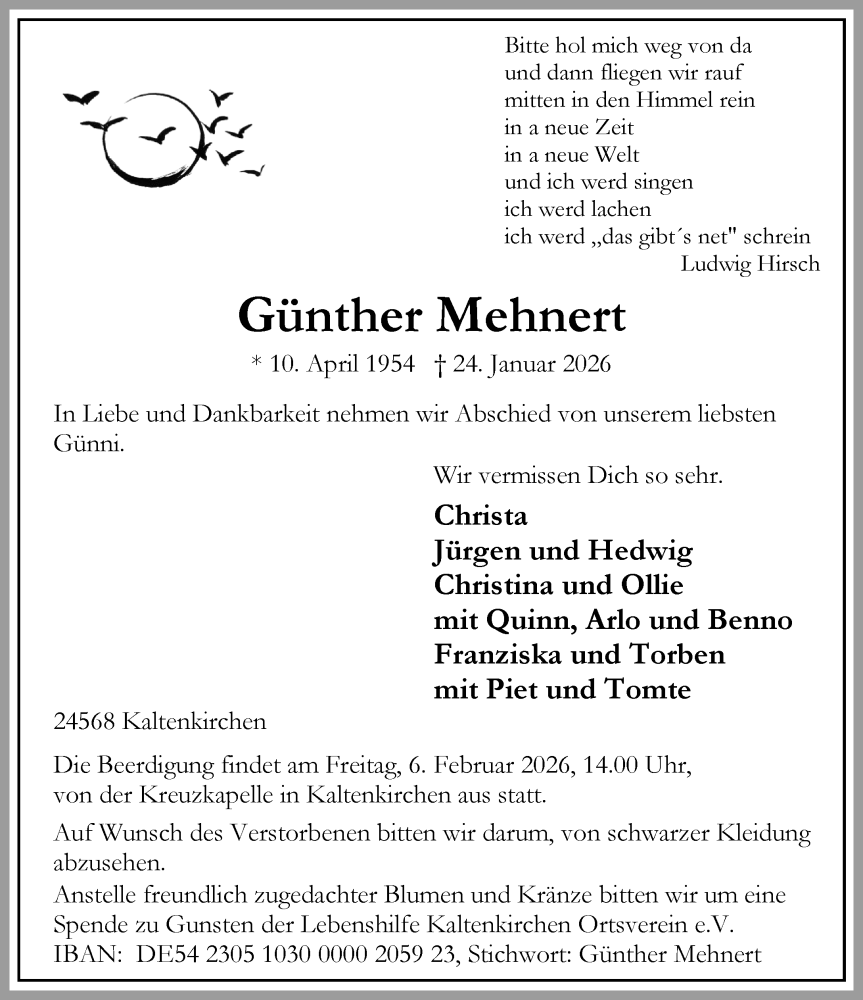  Traueranzeige für Günther Mehnert vom 31.01.2026 aus Umschau