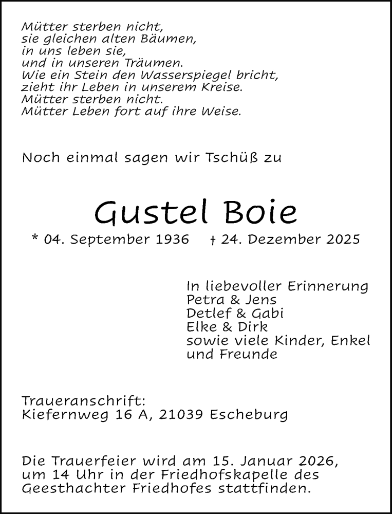  Traueranzeige für Gustel Boie vom 10.01.2026 aus Wochenend Anzeiger