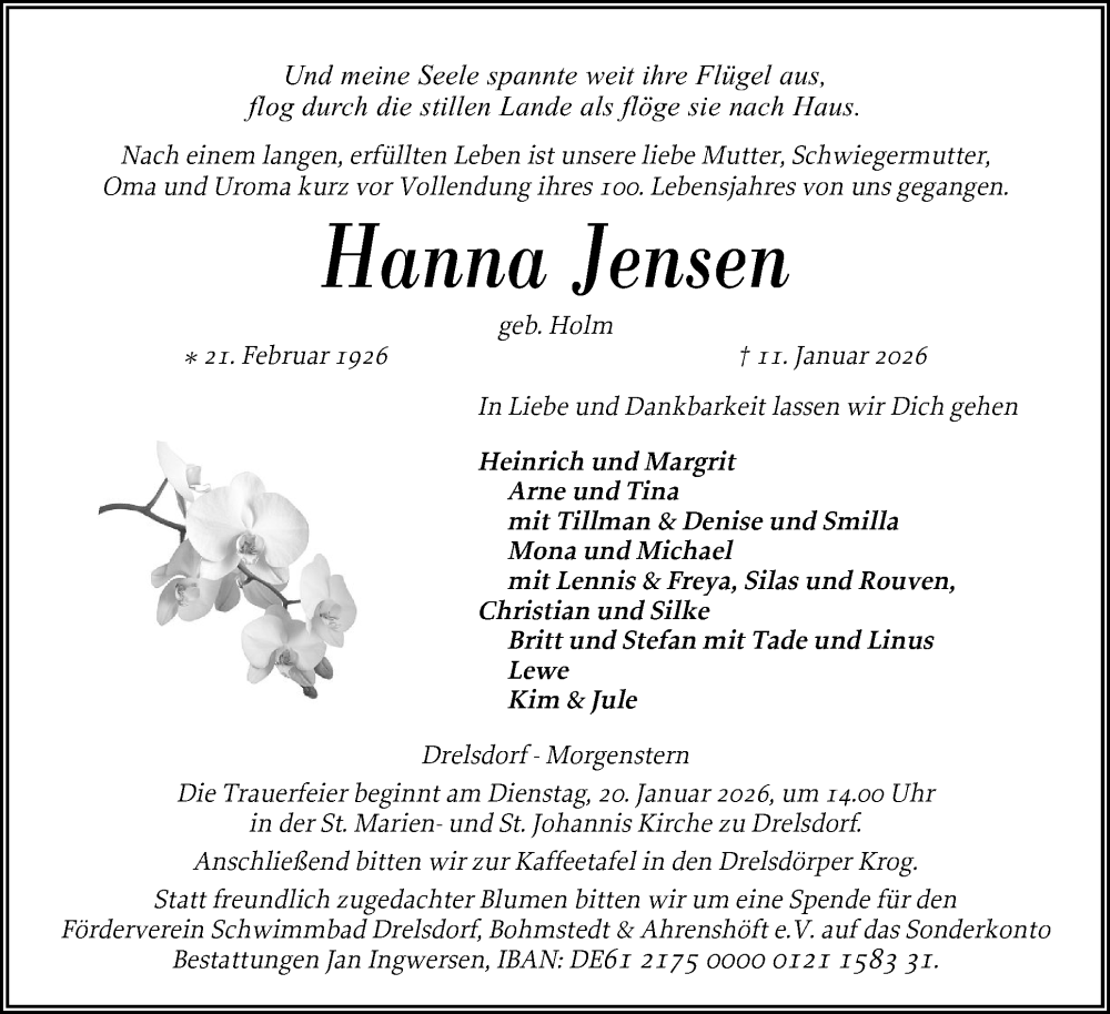  Traueranzeige für Hanna Jensen vom 16.01.2026 aus Husumer Nachrichten, Nordfriesland Tageblatt