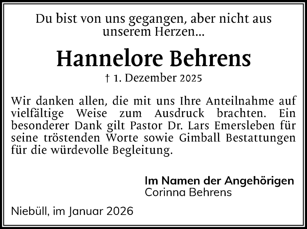  Traueranzeige für Hannelore Behrens vom 10.01.2026 aus Husumer Nachrichten, Nordfriesland Tageblatt