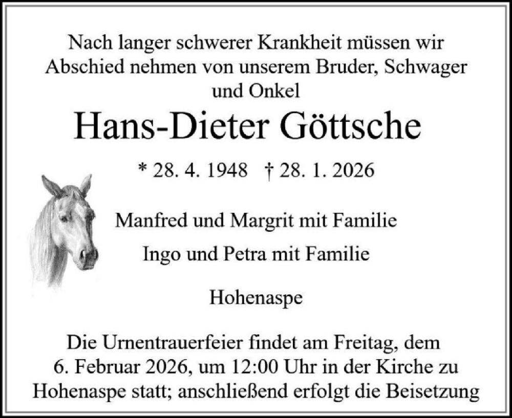  Traueranzeige für Hans-Dieter Göttsche vom 31.01.2026 aus Norddeutsche Rundschau, Wilstersche Zeitung, Glückstädter Fortuna