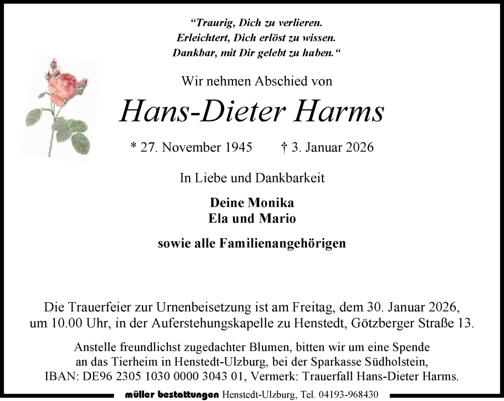  Traueranzeige für Hans-Dieter Harms vom 24.01.2026 aus Umschau