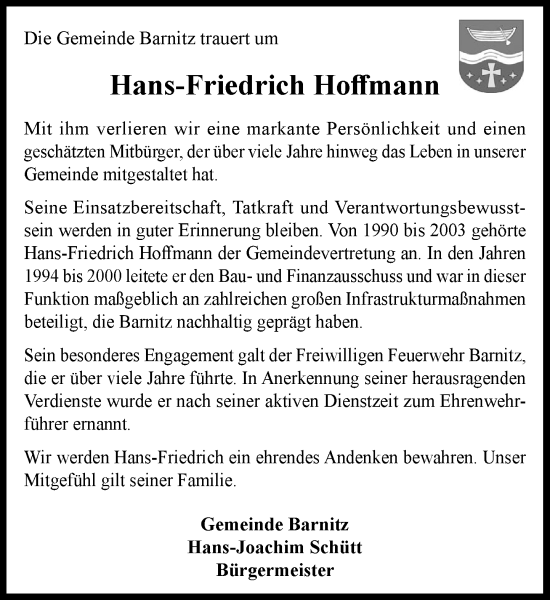 Traueranzeige von Hans-Friedrich Hoffmann von MARKT Bad Oldesloe/Reinfeld und Stormarner Tageblatt