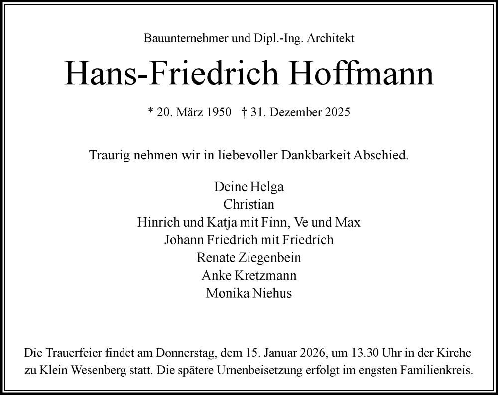  Traueranzeige für Hans-Friedrich Hoffmann vom 10.01.2026 aus MARKT Bad Oldesloe/Reinfeld und Stormarner Tageblatt