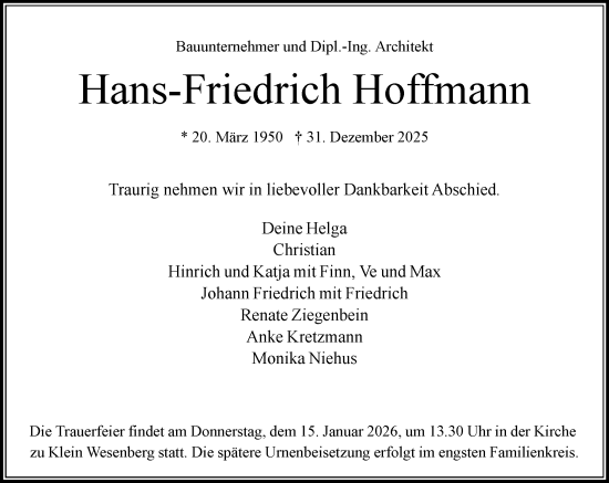 Traueranzeige von Hans-Friedrich Hoffmann von MARKT Bad Oldesloe/Reinfeld und Stormarner Tageblatt