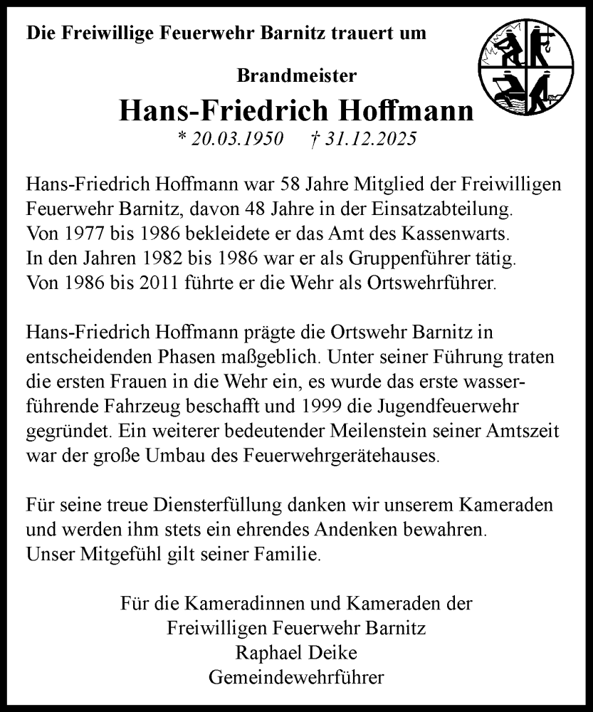  Traueranzeige für Hans-Friedrich Hoffmann vom 17.01.2026 aus MARKT Bad Oldesloe/Reinfeld und Stormarner Tageblatt