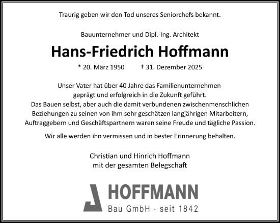 Traueranzeige von Hans-Friedrich Hoffmann von MARKT Bad Oldesloe/Reinfeld und Stormarner Tageblatt